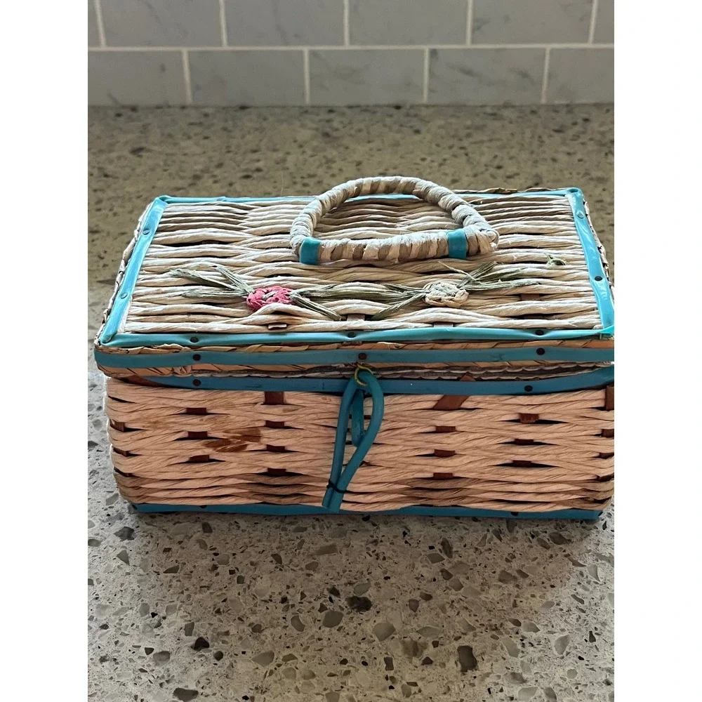 Vintage Wicker Sewing Basket Japan Turquoise Trim Raffia Floral Notions Box